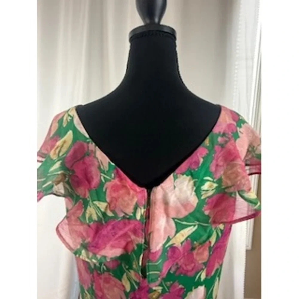 London Times Fashion Green Pink Floral Maxi Dress Ruffle Chiffon Gown Size 12 - Picture 2 of 8